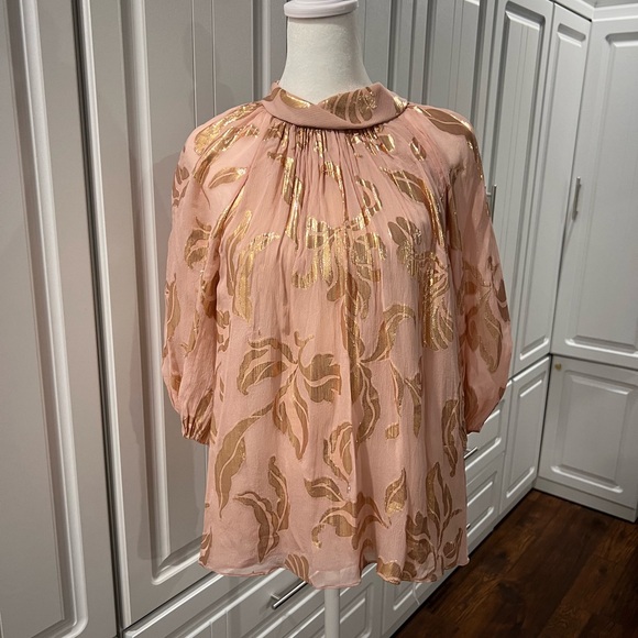 Rebecca Taylor Pink and Gold Floral Blouse - Picture 1 of 6